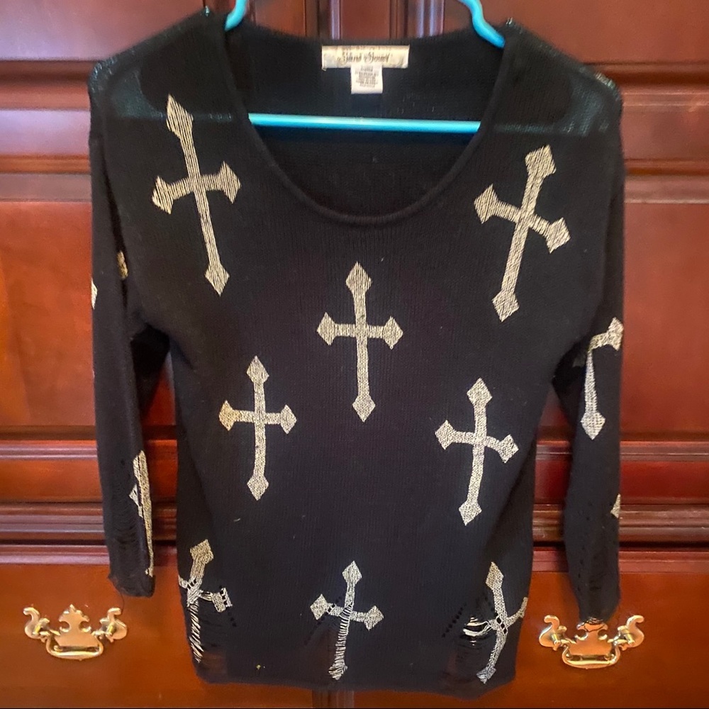 Boutique Sweater in Black with Grey Crossed & Rips